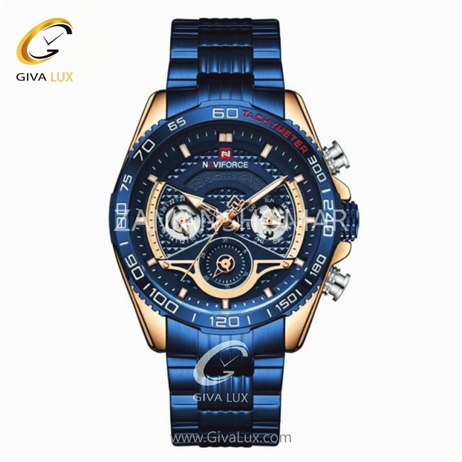 ساعت مچی اورجینال مردانه ناوی فورس|Naviforce|نوی فورس|نیوی فورس سه موتوره فول تایم رزگلد | آبی کاربنی| آبی کاربنی| کد رفرنس NF9185